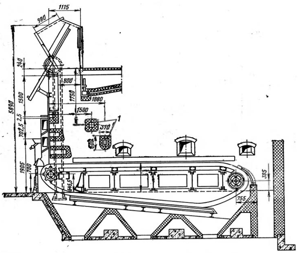 Продольный разрез топки с цепной колосниковой решеткой